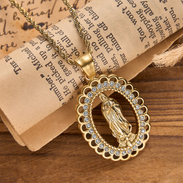 Openwork Oval Our Lady Necklace with Zircon Halo & Braided Chain: A Reminder of Divine Mercy and Heavenly Protection