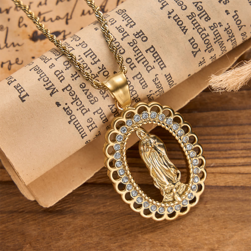 Openwork Oval Our Lady Necklace with Zircon Halo & Braided Chain: A Reminder of Divine Mercy and Heavenly Protection