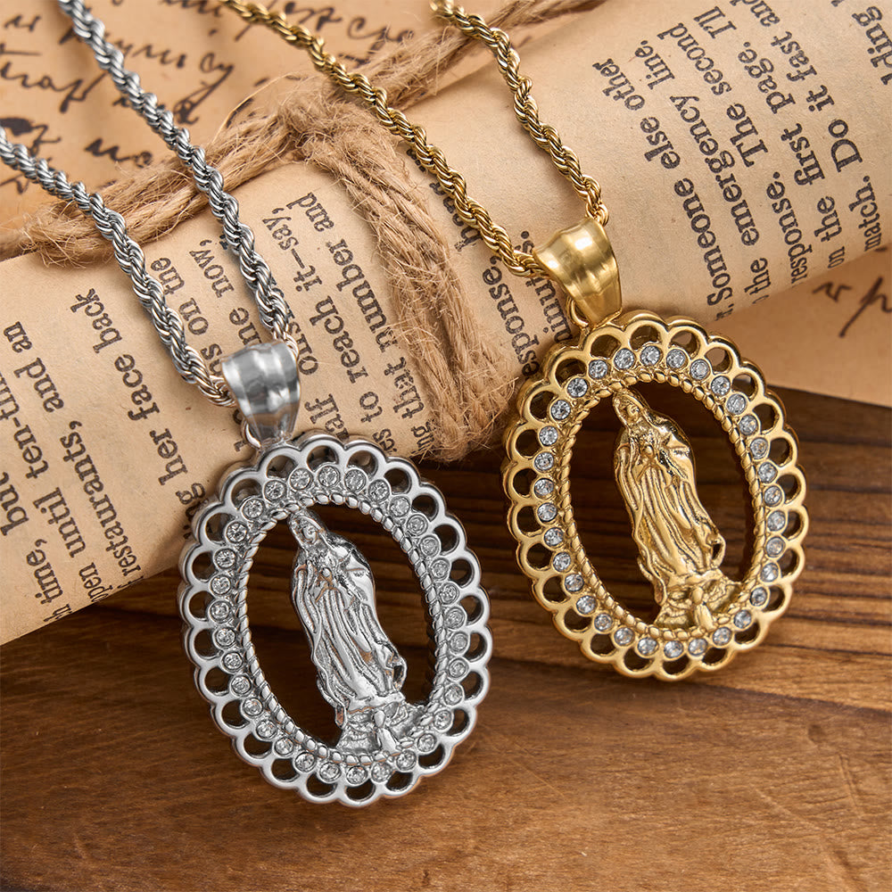 Openwork Oval Our Lady Necklace with Zircon Halo & Braided Chain: A Reminder of Divine Mercy and Heavenly Protection