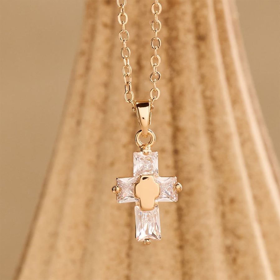 Zircon-Encrusted Cross Pendant Necklace with Polished Center Inlay: A Symbol of Radiant Sacred Grace & Steadfast Faith