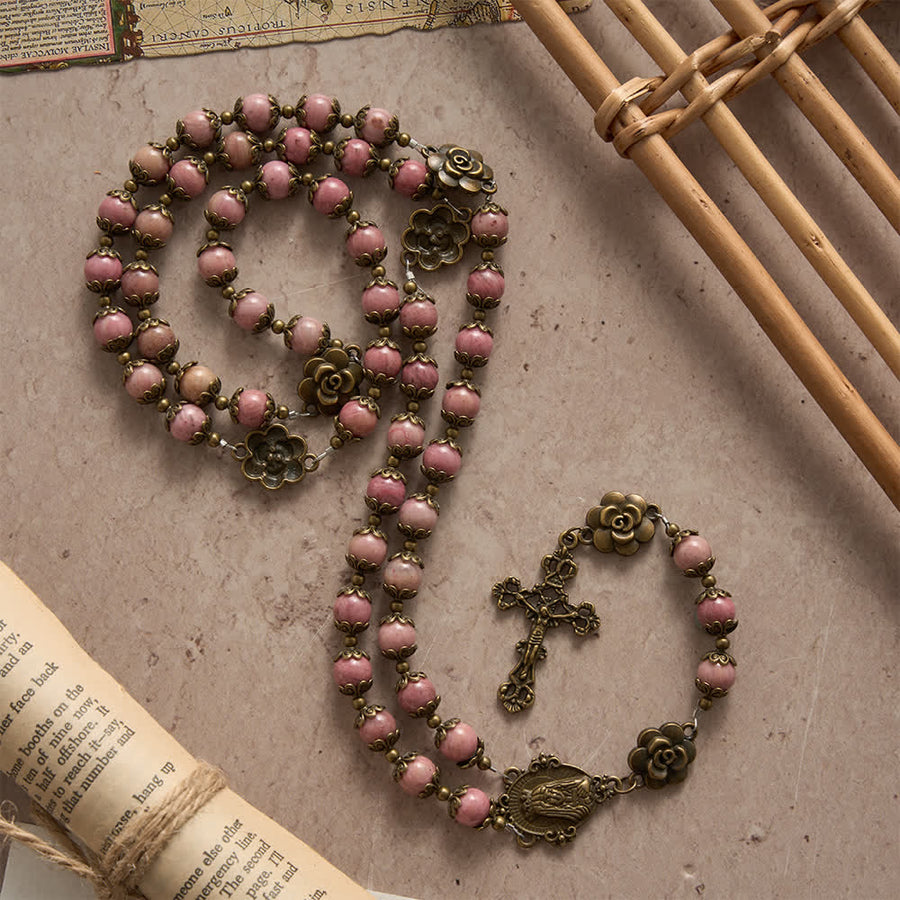 Natural Rhodochrosite Rosary with Antique Bronze Rose Floral Accents