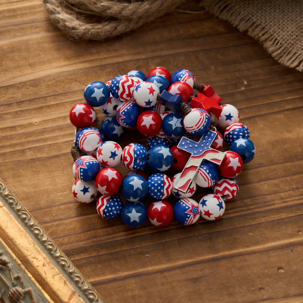 Two-Style Patriotic American Flag Cross Rosary with Red White Blue Stars & Stripes Beads