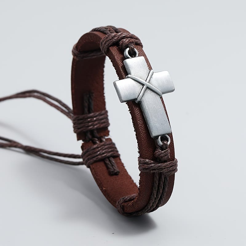 Vintage Leather Cord Woven Metal Cross Adjustable Bracelet: A Symbol of Steadfast Faith