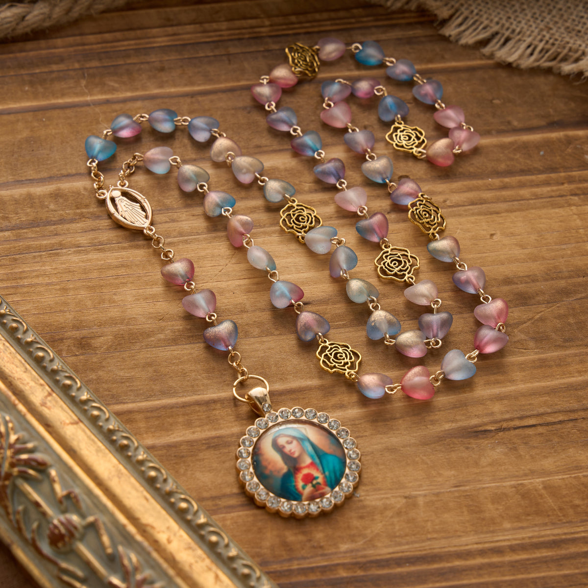 Gradient Frosted Heart Glass Bead Seven Sorrows Rosary with Our Lady Portrait Pendant