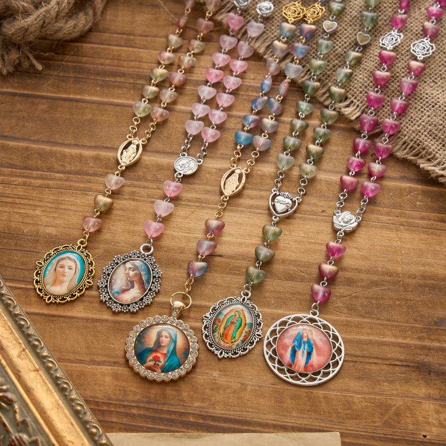 Gradient Frosted Heart Glass Bead Seven Sorrows Rosary with Our Lady Portrait Pendant