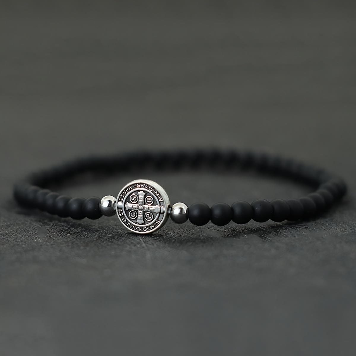 Stretch Natural Stone Bead Bracelet with Embossed St. Benedict Medal Spacers: A Symbol of Divine Protection