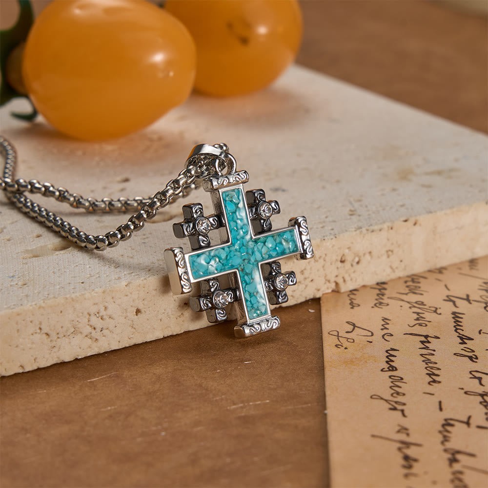 Crushed Turquoise Inlaid Jerusalem Cross Pendant Box Chain Necklace: A Symbol of Complete Faith