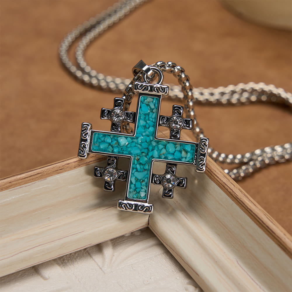 Crushed Turquoise Inlaid Jerusalem Cross Pendant Box Chain Necklace: A Symbol of Complete Faith