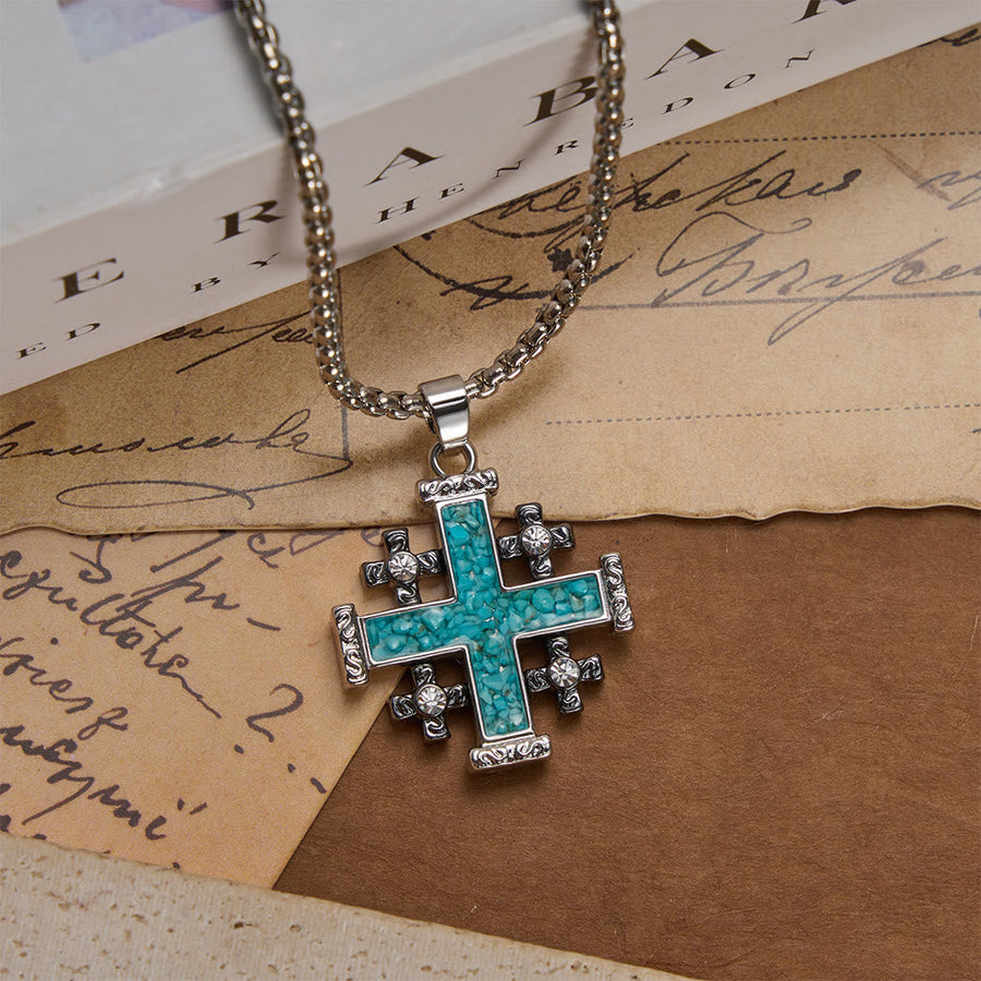 Crushed Turquoise Inlaid Jerusalem Cross Pendant Box Chain Necklace: A Symbol of Complete Faith