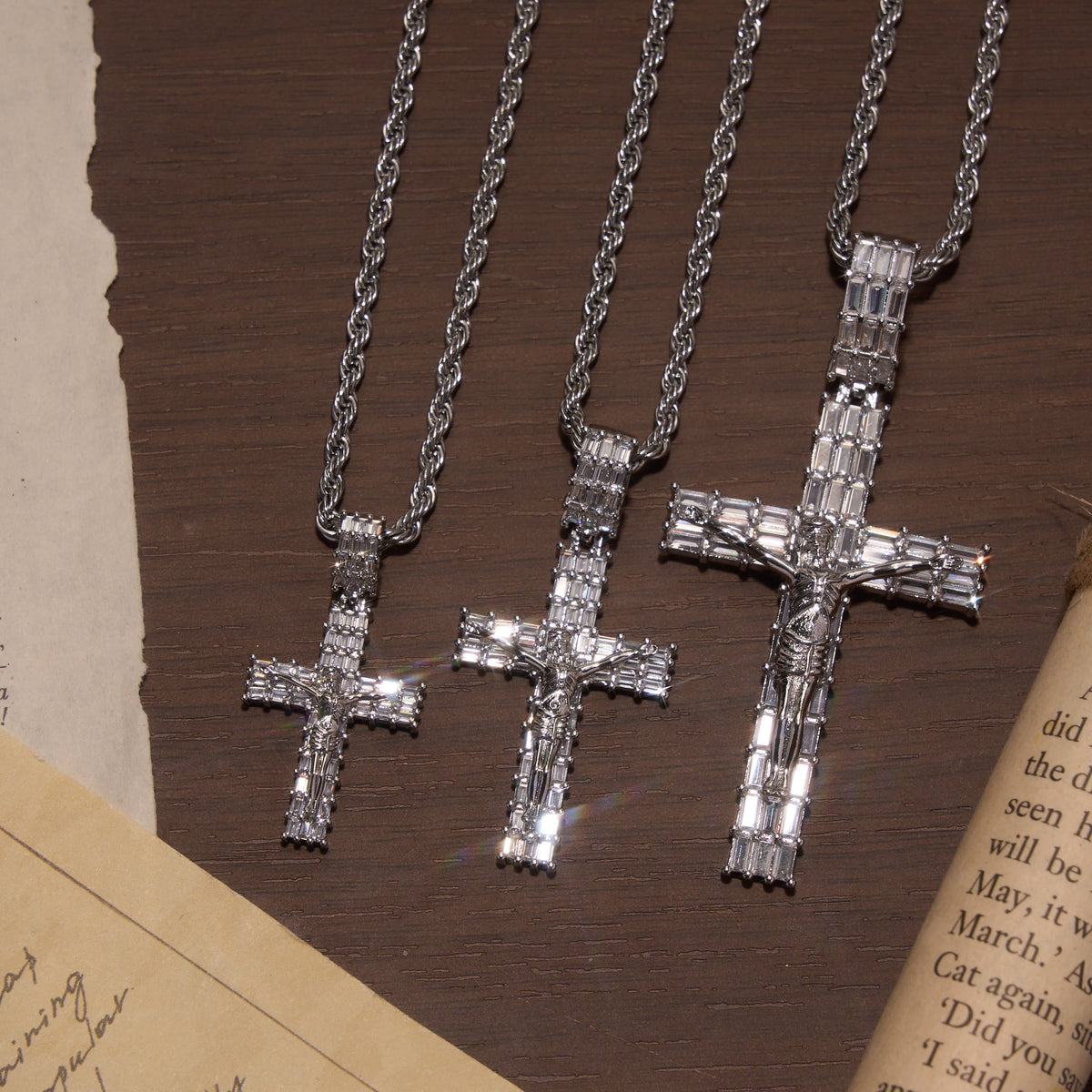 Baguette Zircon Fully Iced Crucifix Pendant Twisted Rope Chain Two-Tone Necklace