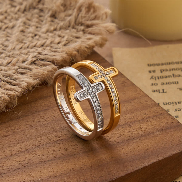 Faith Hope Love Engraved Cross Ring with Golden & Silver Two Colors