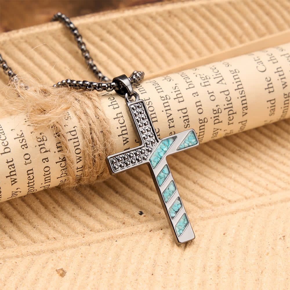 Stars & Stripes Patriotic Faith Cross Necklace with Crushed Turquoise Inlay