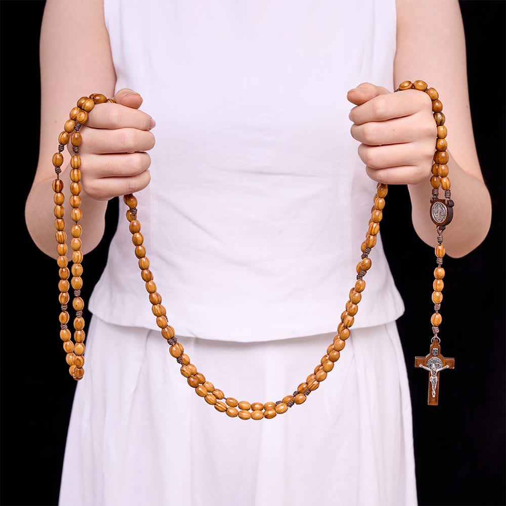 Traditional Rustic Oval Wood 15-Decade Rosary with St. Benedict Centerpiece