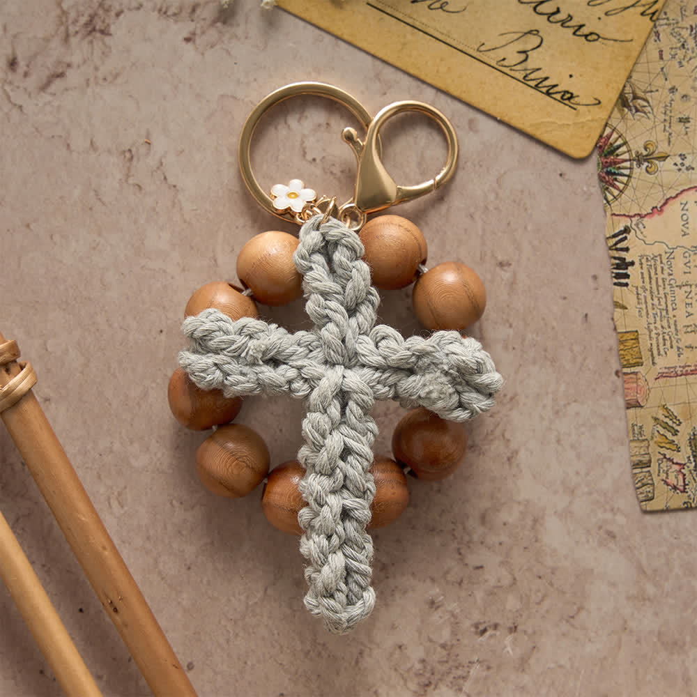 Sandalwood Bead Pocket Rosary & Keychain with Multicolor Handmade Crochet Cross