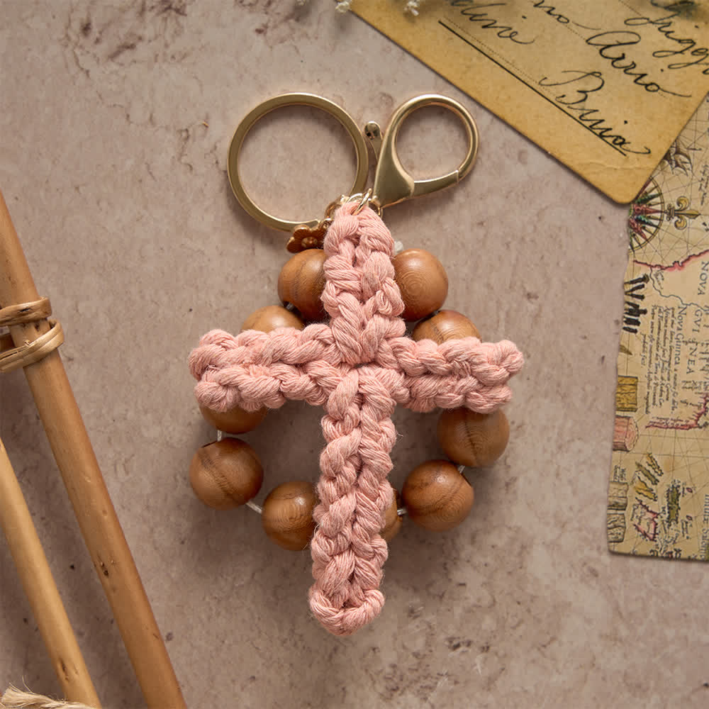Sandalwood Bead Pocket Rosary & Keychain with Multicolor Handmade Crochet Cross