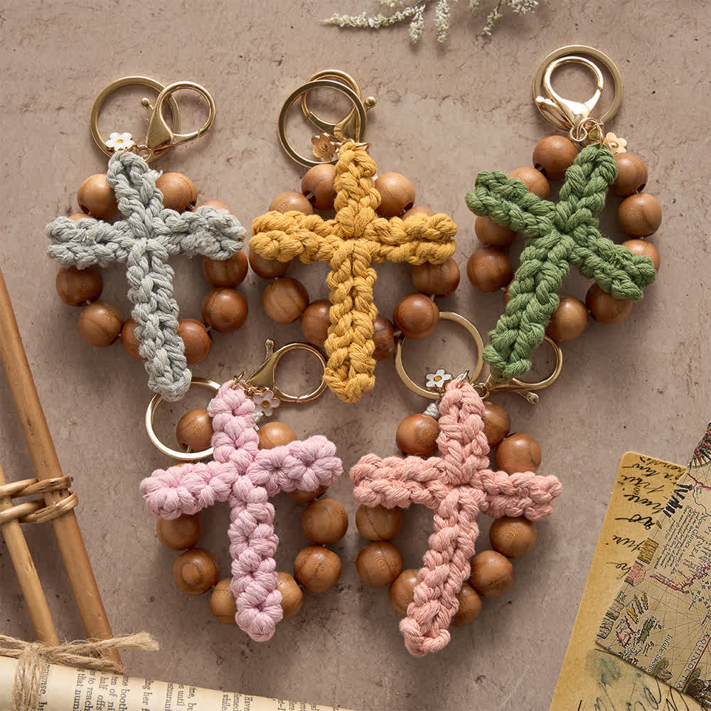 Sandalwood Bead Pocket Rosary & Keychain with Multicolor Handmade Crochet Cross