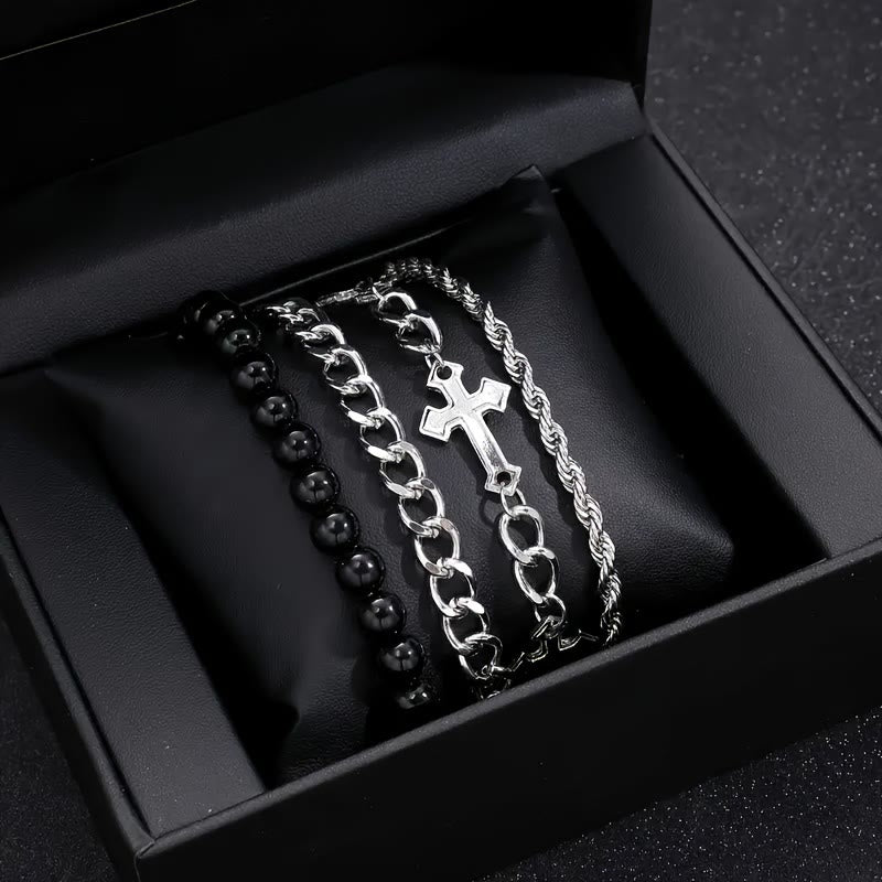 4-Piece Layered Stackable Bracelet Set with Twisted Rope, Curb Chain & Black Round Beads Cross Charm