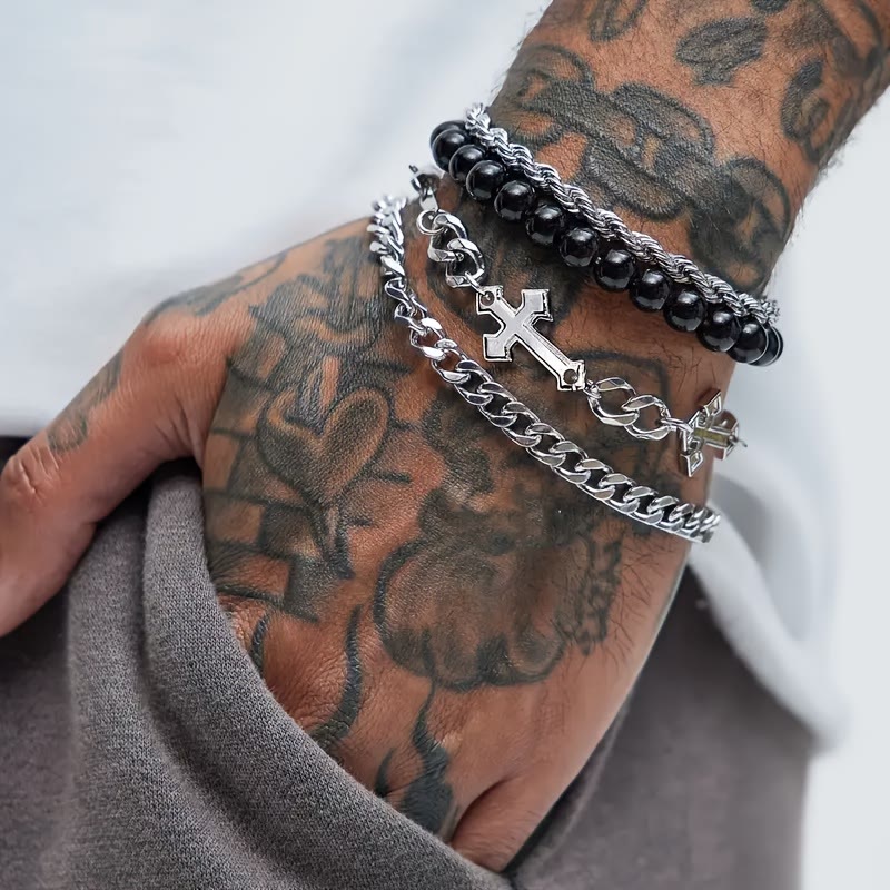 4-Piece Layered Stackable Bracelet Set with Twisted Rope, Curb Chain & Black Round Beads Cross Charm