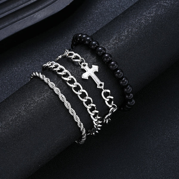 4-Piece Layered Stackable Bracelet Set with Twisted Rope, Curb Chain & Black Round Beads Cross Charm