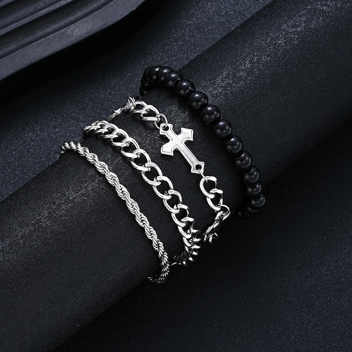 4-Piece Layered Stackable Bracelet Set with Twisted Rope, Curb Chain & Black Round Beads Cross Charm