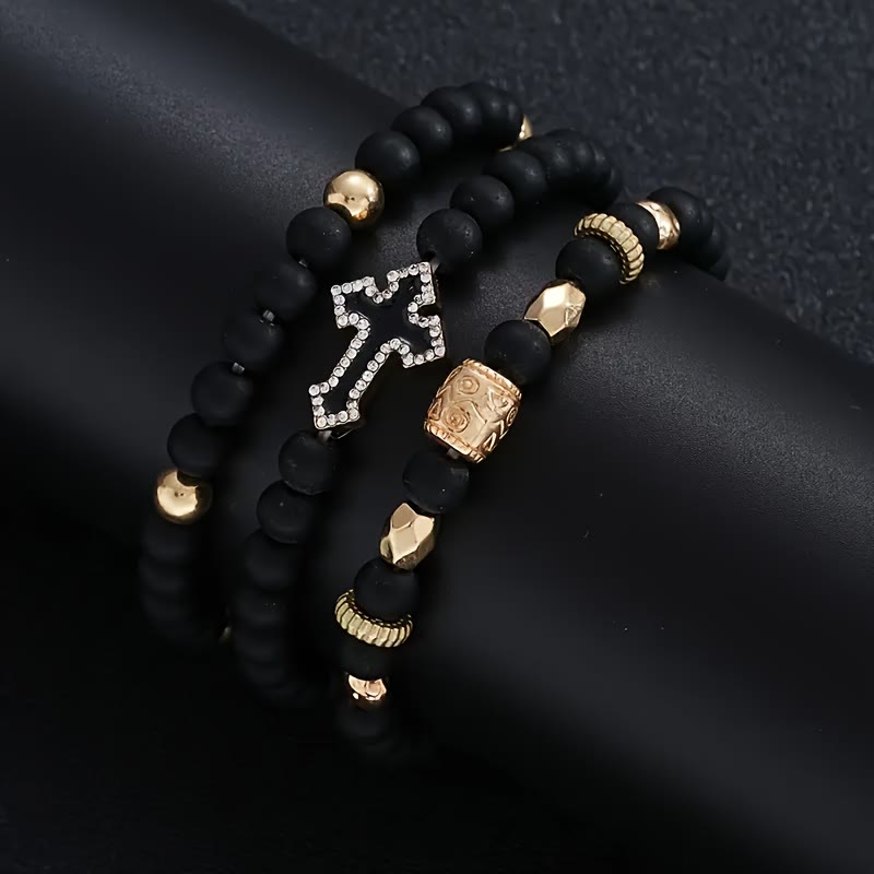 Multi-Layer Matte Black Stone Bead Stretch Bracelet with Paved Zircon Cross & Carved Gold Spacers