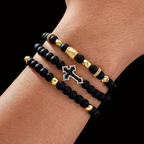 Multi-Layer Matte Black Stone Bead Stretch Bracelet with Paved Zircon Cross & Carved Gold Spacers
