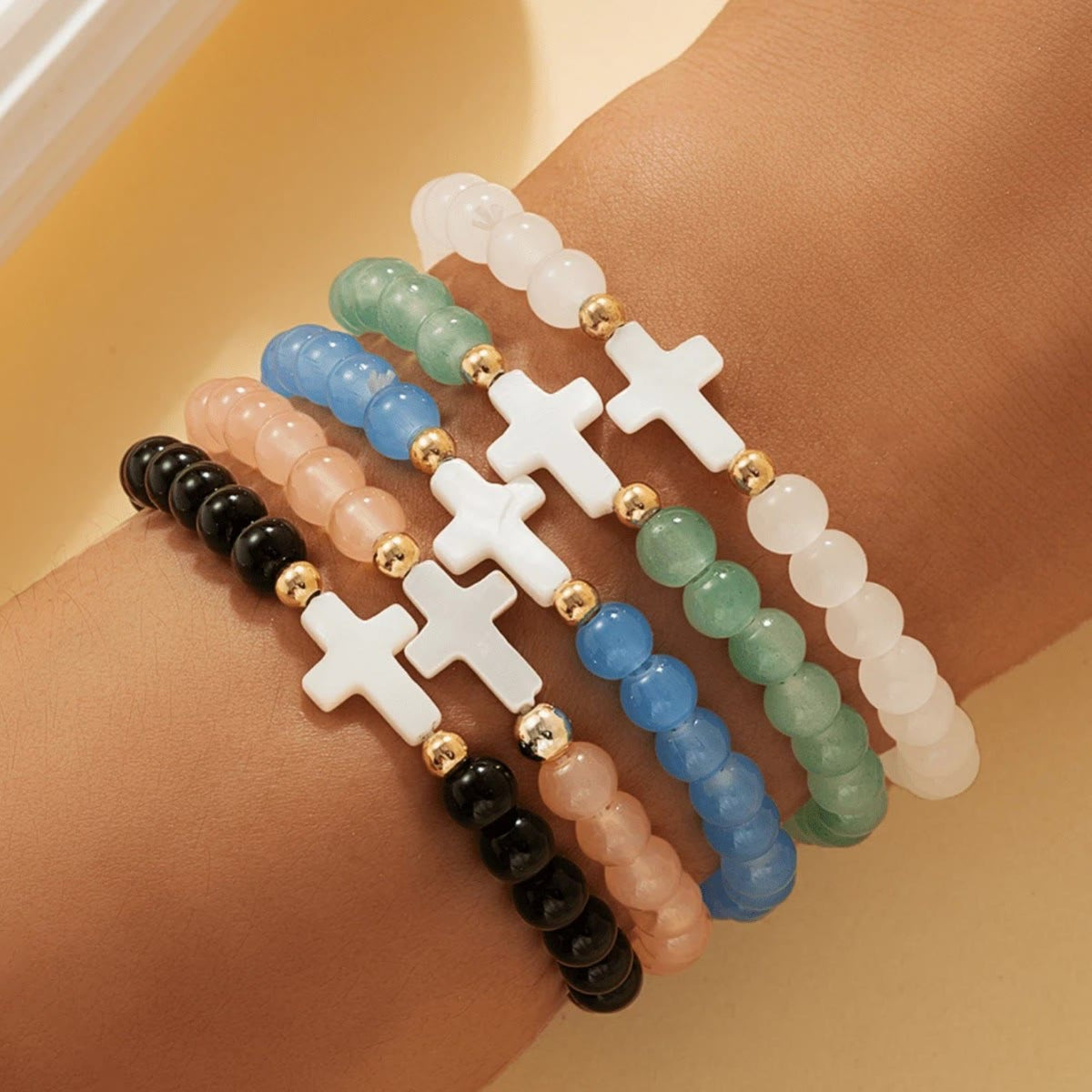 Faceted Crystal, Matte Mineral & Smooth Round Bead Multi-Layer Cross Bracelet Set