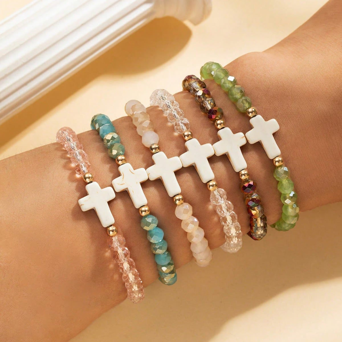 Faceted Crystal, Matte Mineral & Smooth Round Bead Multi-Layer Cross Bracelet Set