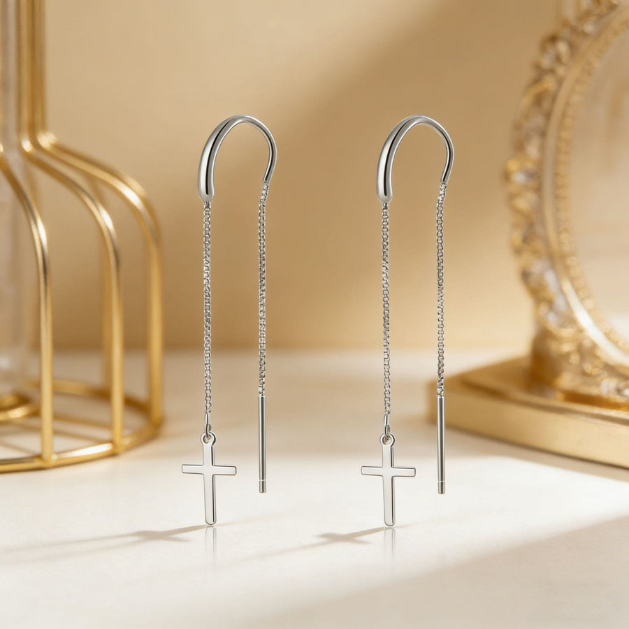 Minimal Bar Accent Long Tassel Threader Earrings with Flat Cross Charm: A Reminder of Divine Grace