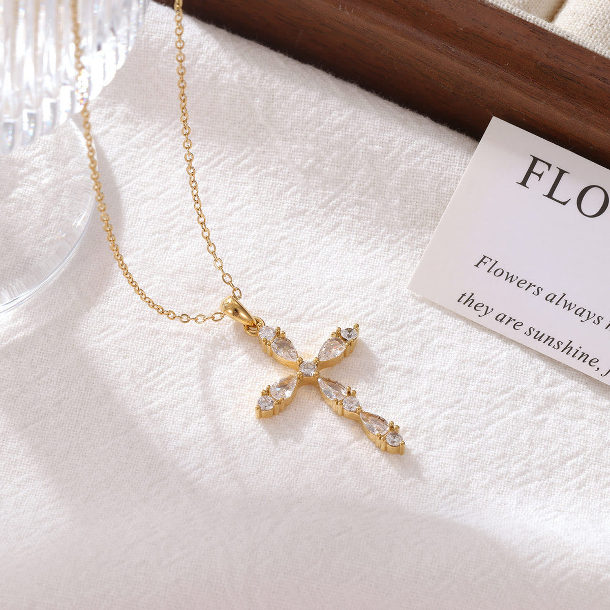 Pear Zircon Inlaid Dual Tone Cross Pendant Necklace: Emblem of Shimmering Gentle Grace