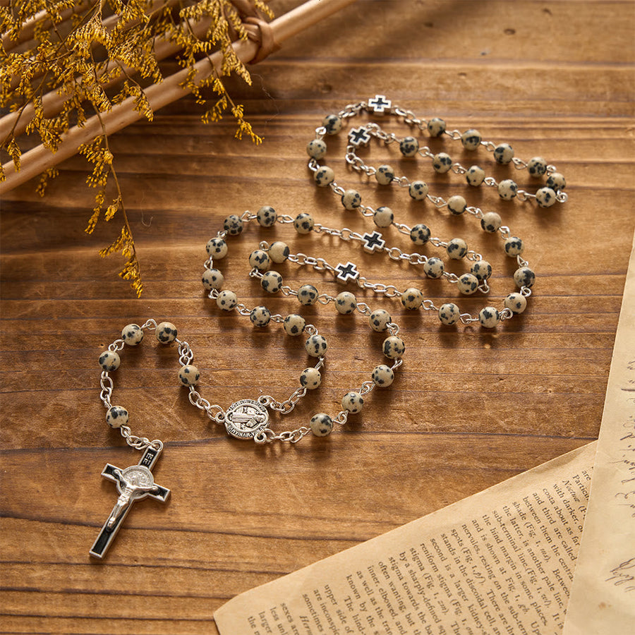 Spotted Natural Stone St.Benedict Crucifix Prayer Rosary: Emblem of Prayerful Protection & Redeeming Mercy