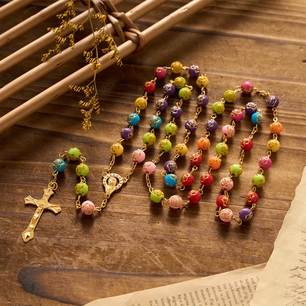 Gilded Embossed Rose Flower Bead Our Lady Crucifix Prayer Rosary: Emblem of Blossoming Divine Mercy