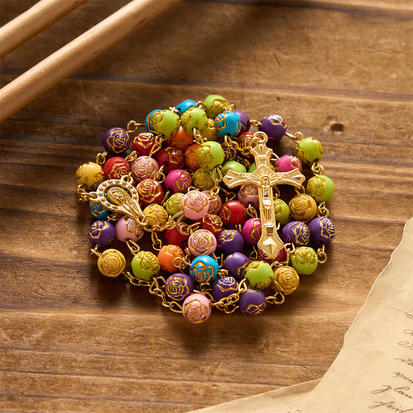 Gilded Embossed Rose Flower Bead Our Lady Crucifix Prayer Rosary: Emblem of Blossoming Divine Mercy