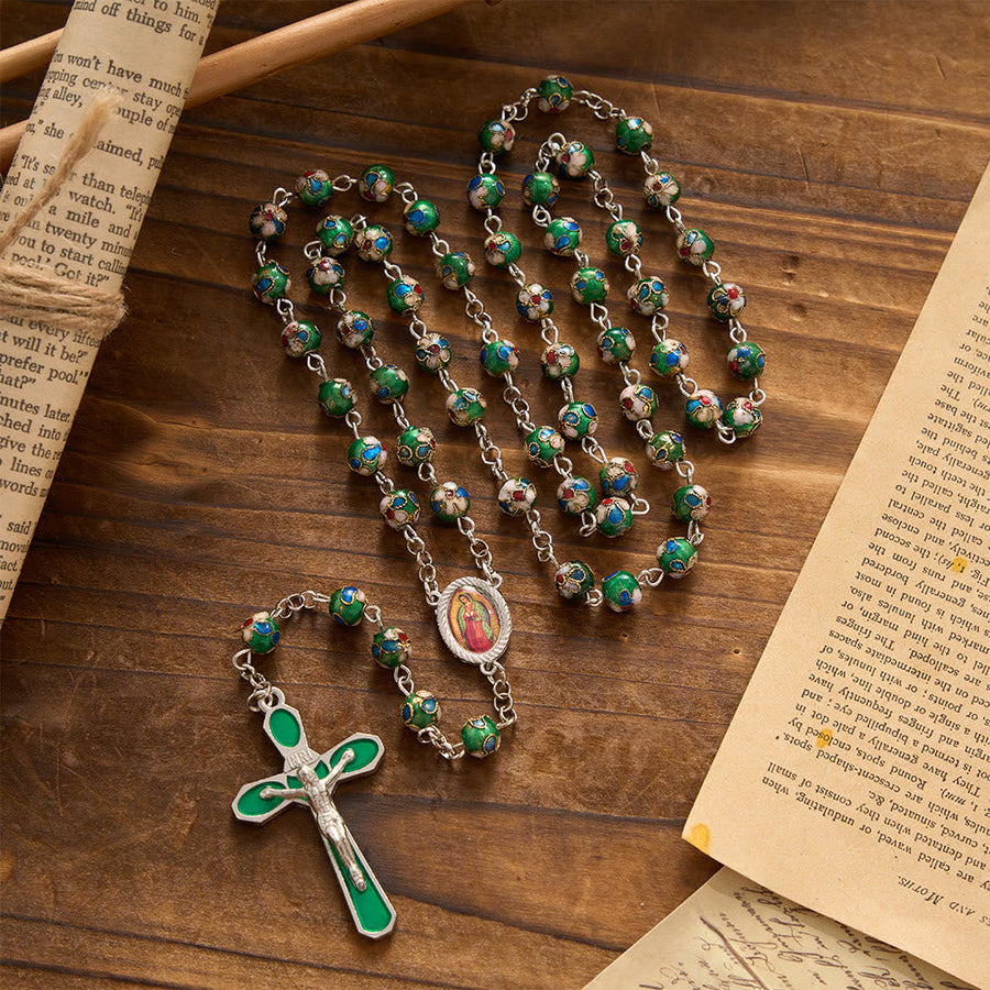 Multi-Color Floral Cloisonné Our Lady Enamel Crucifix Prayer Rosary: Emblem of Vibrant Sheltering Divine Grace