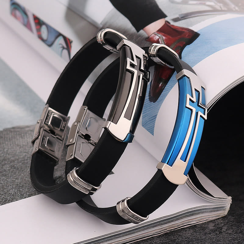 Two-Layer Hollow Cross Stainless Steel Silicone Wrist Bracelet: Emblem of Minimalist Abiding Grace