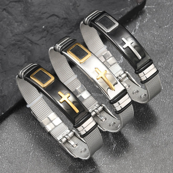 Two-Tone Raised Cross Mesh Stainless Steel Pin Buckle Bracelet: Emblem of Minimalist Abiding Grace