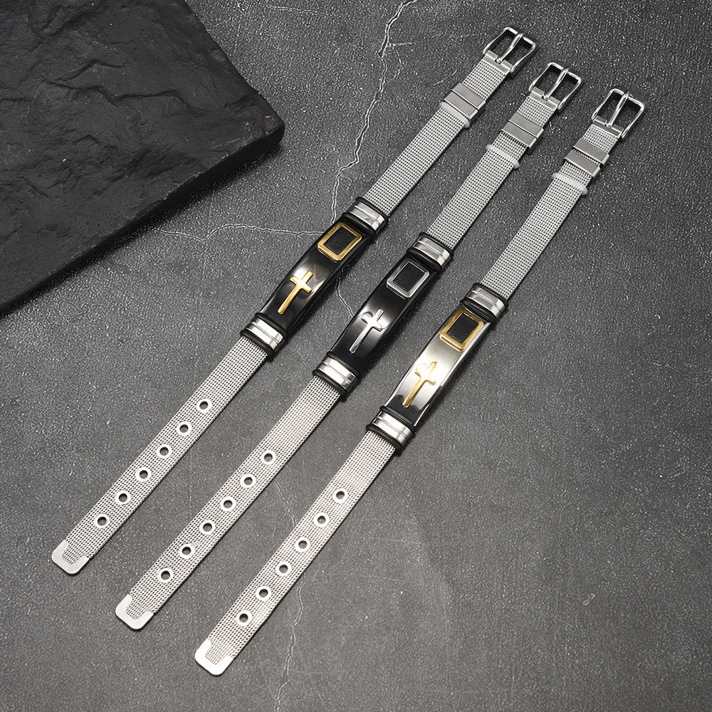 Two-Tone Raised Cross Mesh Stainless Steel Pin Buckle Bracelet: Emblem of Minimalist Abiding Grace