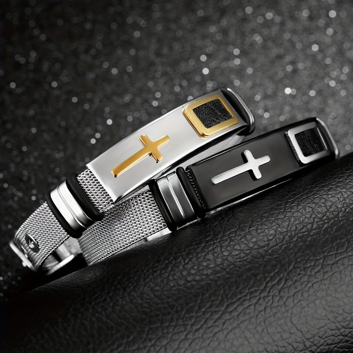 Two-Tone Raised Cross Mesh Stainless Steel Pin Buckle Bracelet: Emblem of Minimalist Abiding Grace