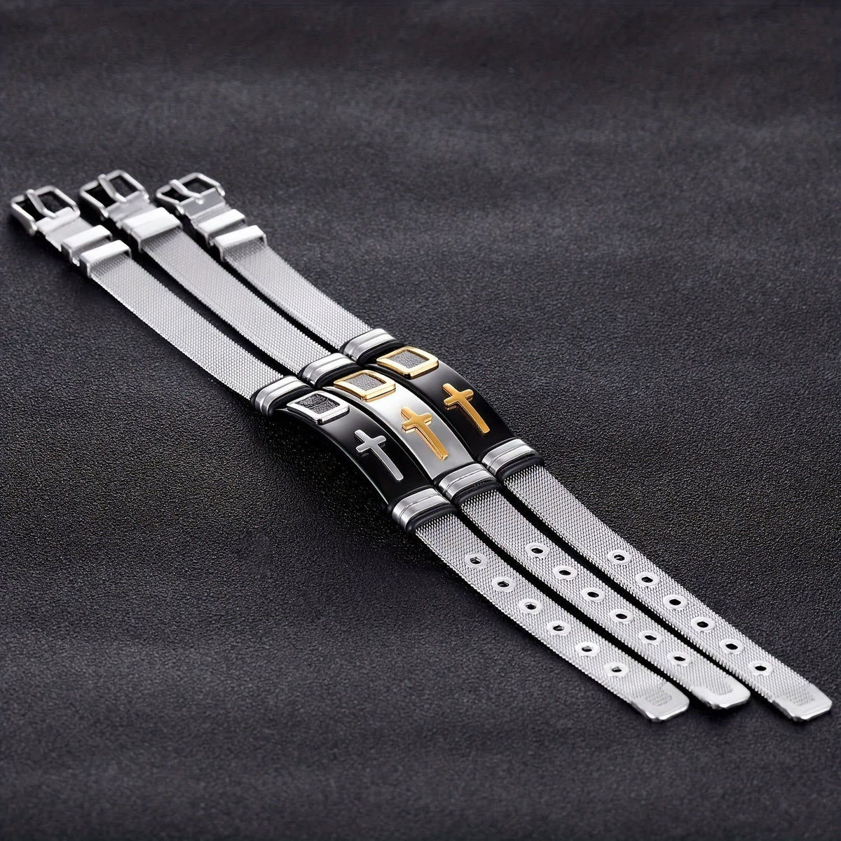Two-Tone Raised Cross Mesh Stainless Steel Pin Buckle Bracelet: Emblem of Minimalist Abiding Grace