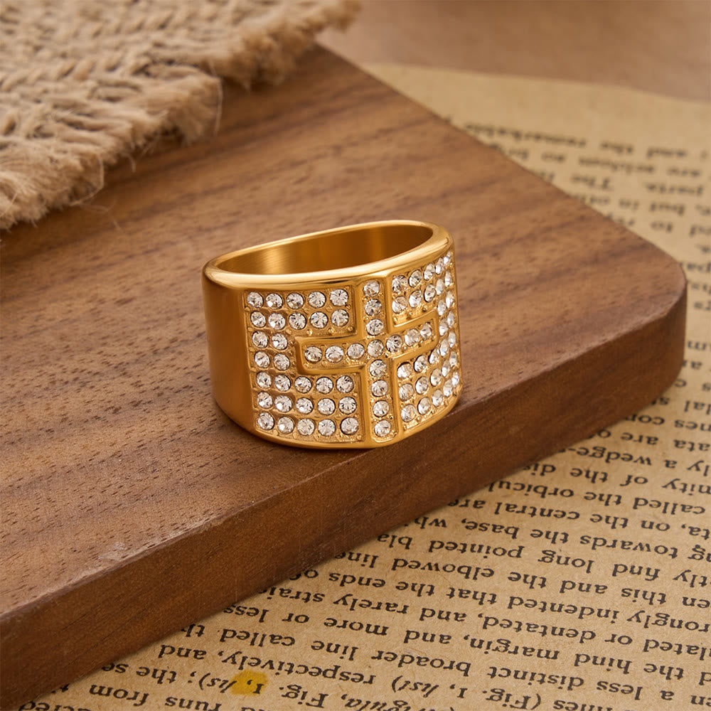 Dual Color Polished Thick Band Fully Encased Zircon Cross Ring: Bearer of Steady Quiet Spiritual Serenity