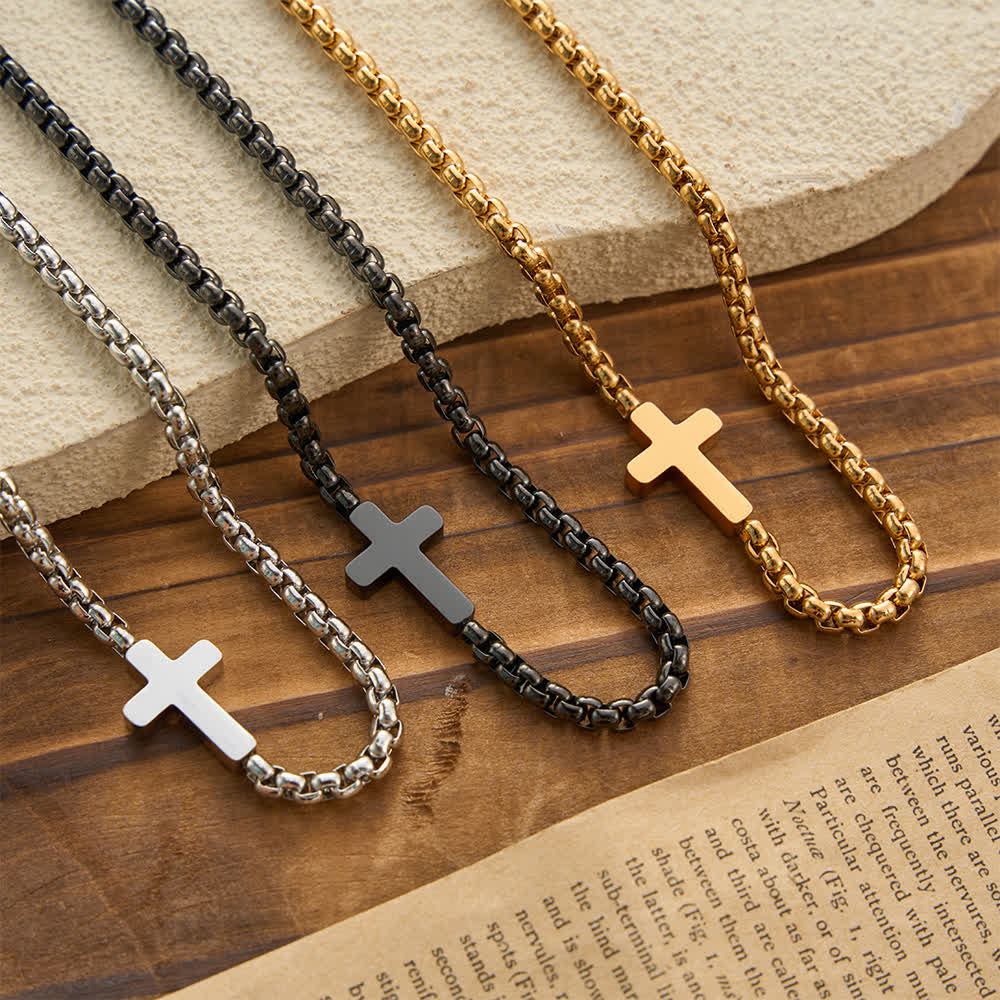 Sleek Stainless Steel Cross Necklace with Sideways Pendant: A Reminder of Divine Grace