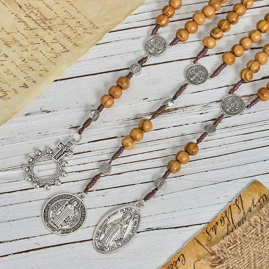 Natural Grain Wooden Bead Cord Rosary With St.Benedict / Our Lady / Finger Rosary Pendant