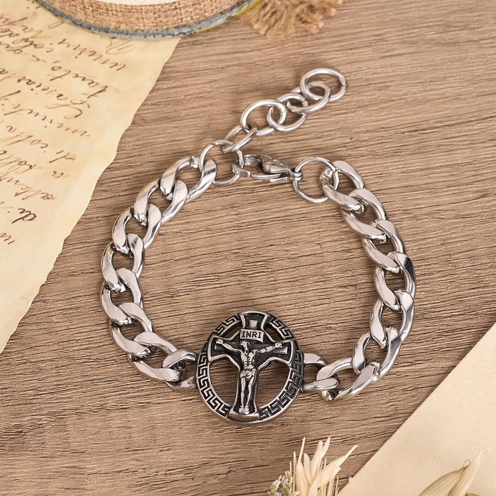 Antiqued Metal Chunky Curb Chain St.Jude & Framed Crucifix Bracelet