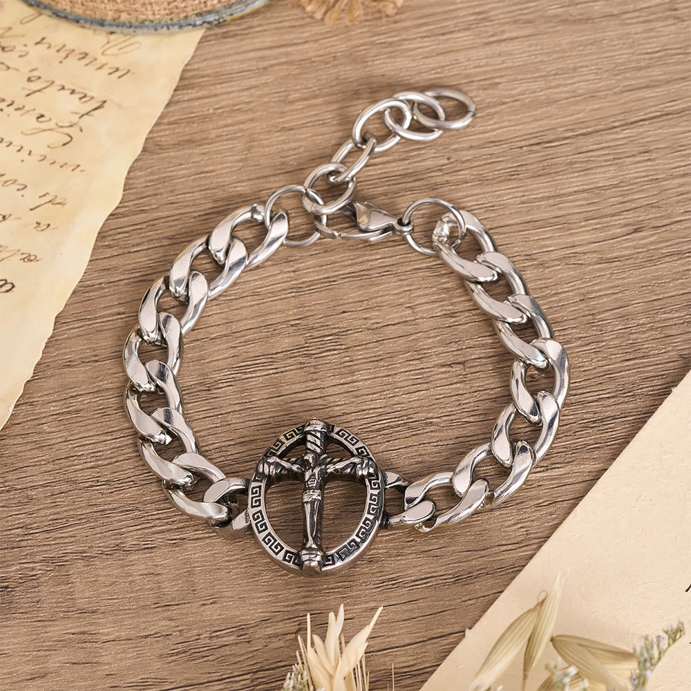 Antiqued Metal Chunky Curb Chain St.Jude & Framed Crucifix Bracelet