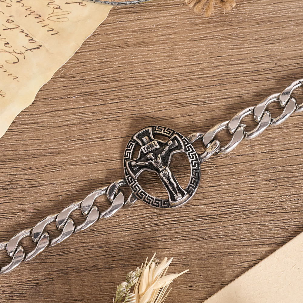 Antiqued Metal Chunky Curb Chain St.Jude & Framed Crucifix Bracelet