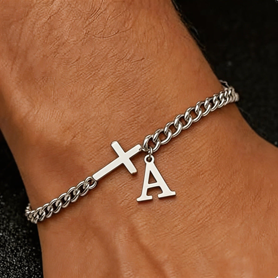 Letter Cross Curb Chain Bracelet: Personalized Emblem of Steadfast Heavenly Faith