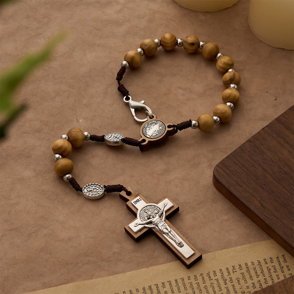 Cord Wood Crucifix Rosary Bracelet: Graceful Token of Quiet Prayerful Peace
