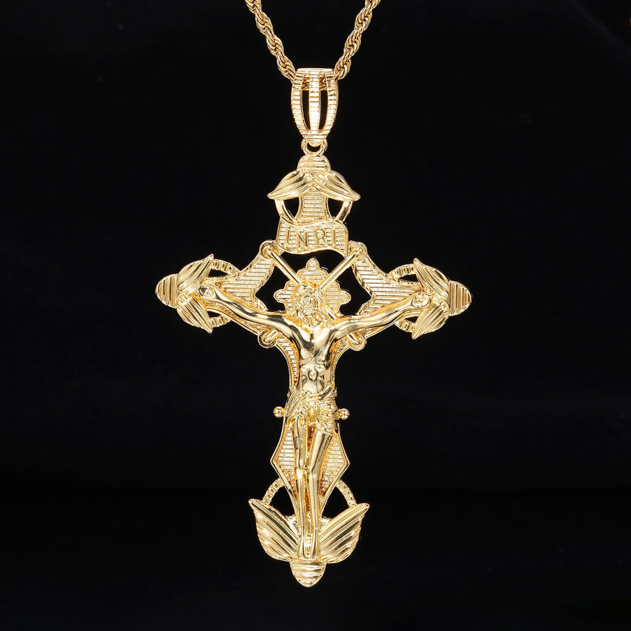 Detailed Carved Winged Crucifix Rope Chain Necklace: Graceful Token of Gentle Heavenly Mercy