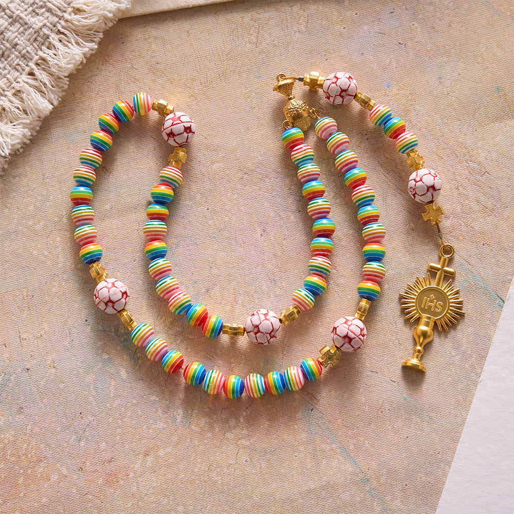 Rainbow Soccer Bead with Holy Grail & Monstrance Prayer Rosary