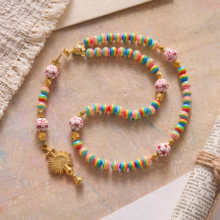 Rainbow Soccer Bead with Holy Grail & Monstrance Prayer Rosary